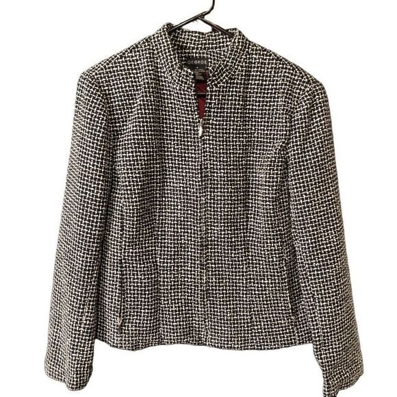 George Women's Boucle Basketweave Jacket Black/White Zip-up Long Sleeve Red Lini - Picture 1 of 5